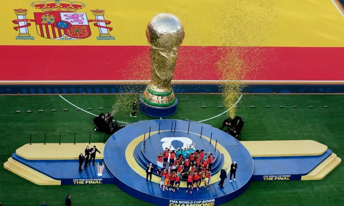 Fireworks explode above the stadium as Spain’s players celebrate with the trophy during the final ceremony after the 2026 World Cup between Spain and Argentina at the New York/New Jersey Stadium in East Rutherford, New Jersey, the US on July 19, 2026. — AFP